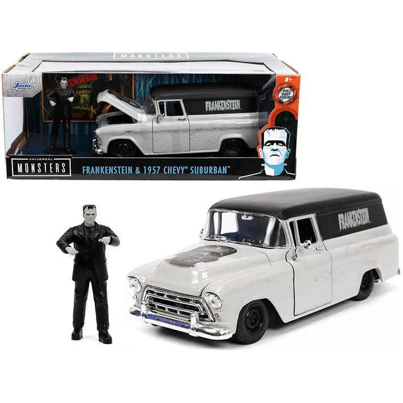 1957 Chevrolet Suburban Gray and Black with Graphics and Frankenstein Diecast Figurine "Universal Monsters" "Hollywood Rides" Series 1/24 Diecast Model Car by Jada