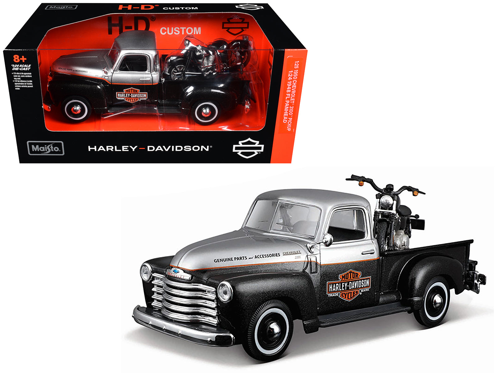 1950 Chevrolet 3100 Pickup Truck "Harley Davidson" Silver Metallic and Black with 1948 Harley Davidson FL Panhead Motorcycle Black "HD Custom" Series 1/24 Diecast Models by Maisto