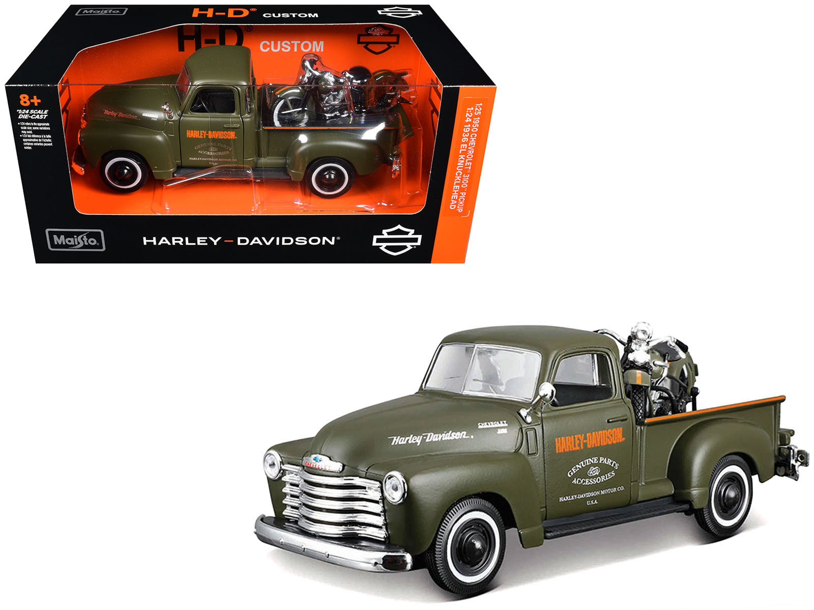 1950 Chevrolet 3100 Pickup Truck "Harley Davidson" Matt Green with 1936 Harley Davidson El Knucklehead Motorcycle Matt Green "HD Custom" Series 1/24 Diecast Model Car by Maisto