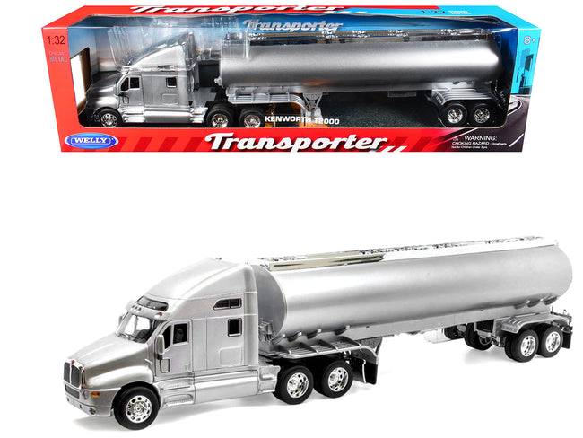 Kenworth T2000 Truck Silver Metallic with Gray Container "Transporter" Series 1/32 Diecast Model by Welly