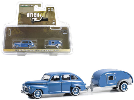 1942 Ford Fordor Super Deluxe Florentine Blue with Tear Drop Trailer "Hitch & Tow" Series 30 1/64 Diecast Model Car by Greenlight