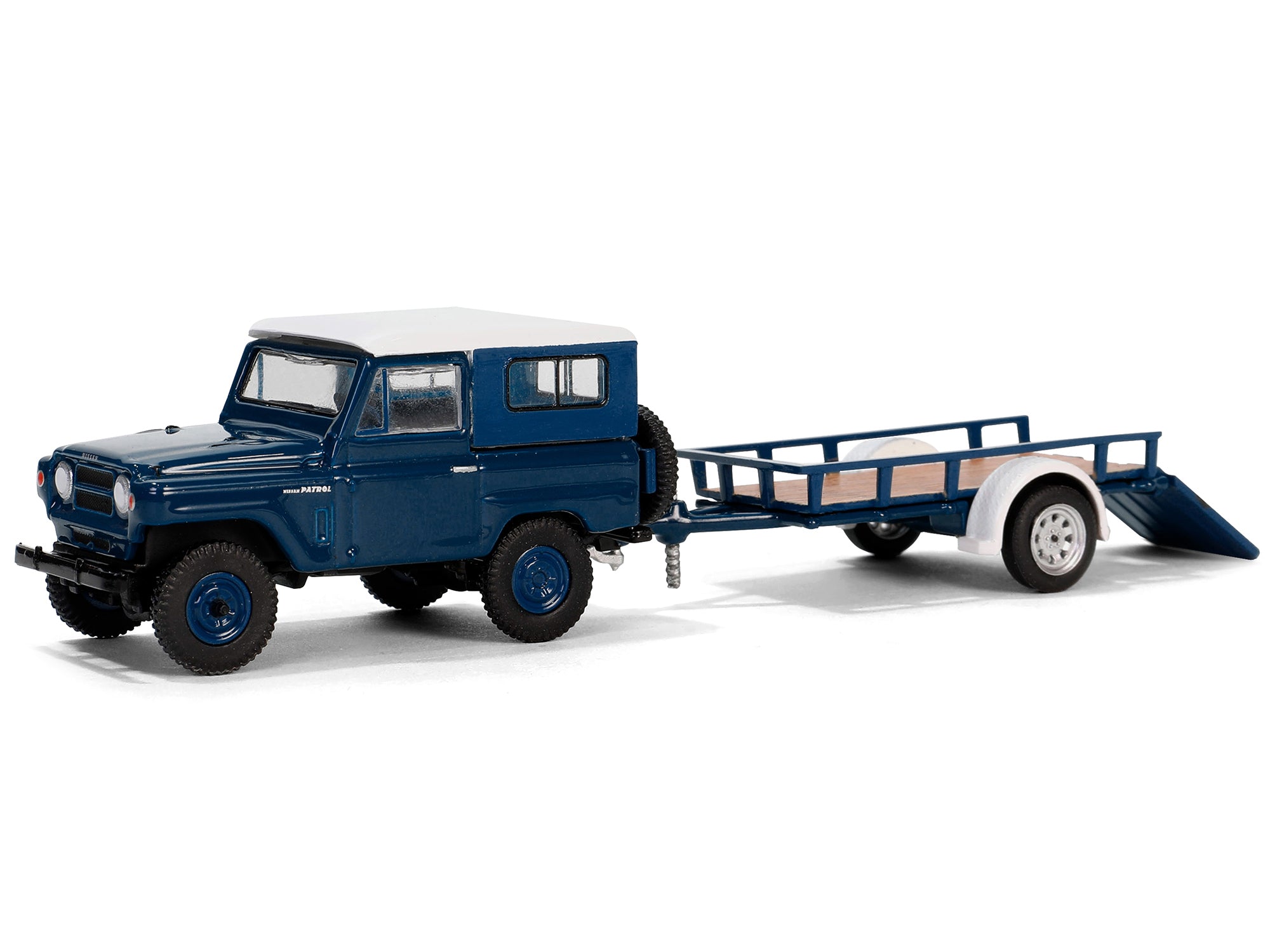 1961 Nissan Patrol Blue with White Top and Utility Trailer "Hitch & Tow Series" 31 1/64 Diecast Model Car by Greenlight