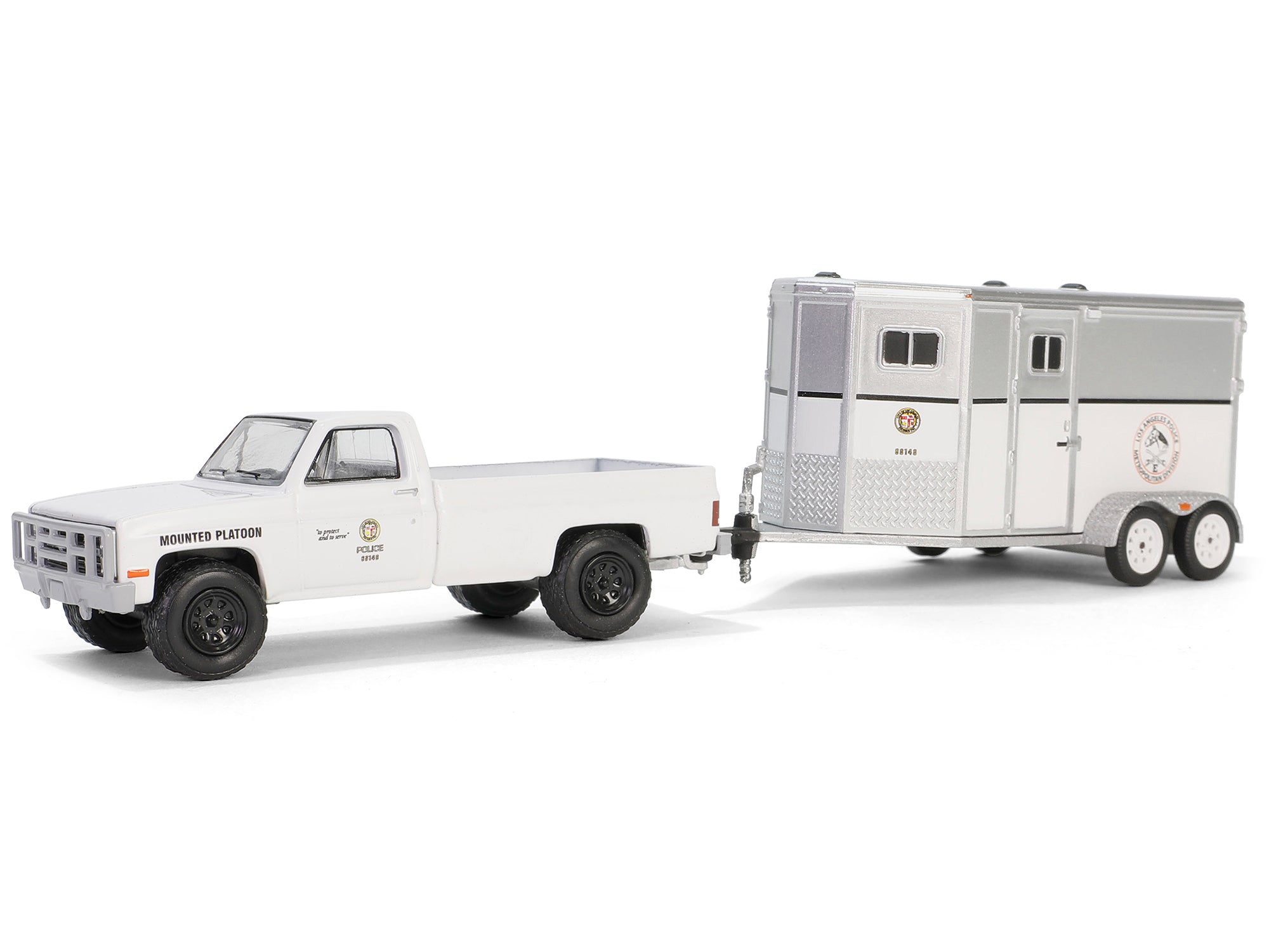 1987 Chevrolet C20 Pickup Truck White "LAPD (Los Angeles Police Department) Search & Rescue Mounted Platoon" with Horse Trailer "Hitch & Tow Series" 31 1/64 Diecast Model Car by Greenlight