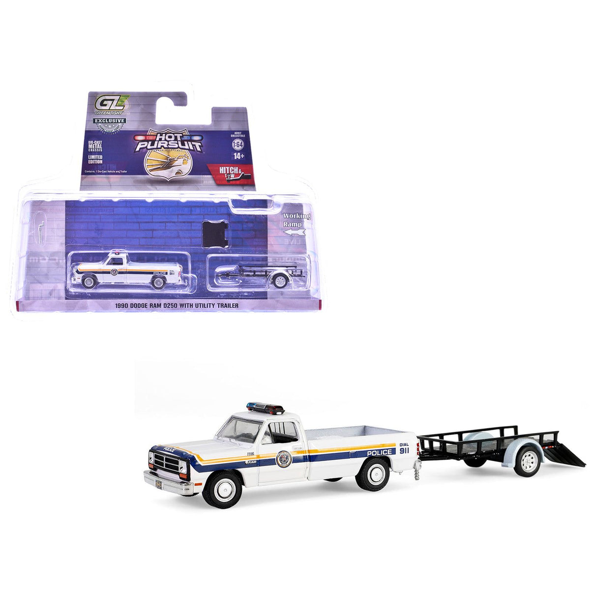 1990 Dodge Ram D250 Pickup Truck "Philadelphia PA Police Department" White with Stripes and Utility Trailer "Hot Pursuit Hitch & Tow" Series 1 1/64 Diecast Model Cars by Greenlight