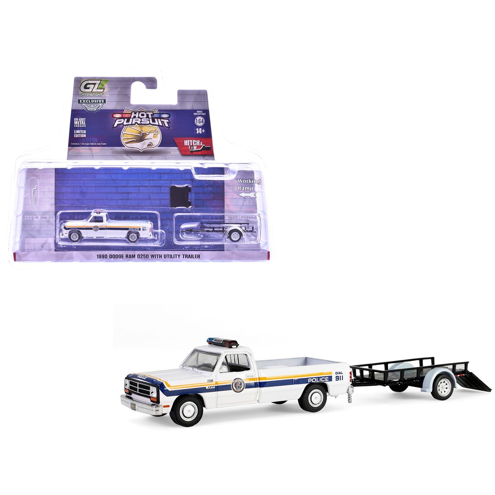1990 Dodge Ram D250 Pickup Truck "Philadelphia PA Police Department" White with Stripes and Utility Trailer "Hot Pursuit Hitch & Tow" Series 1 1/64 Diecast Model Cars by Greenlight