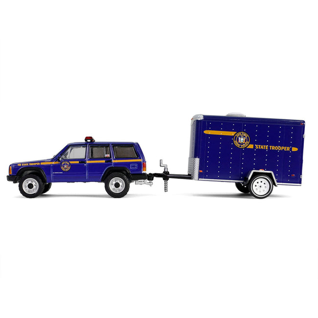 2001 Jeep Cherokee "New York State Police" Blue with Yellow Stripes and Small Cargo Trailer "Hot Pursuit Hitch & Tow" Series 1 1/64 Diecast Model Cars by Greenlight