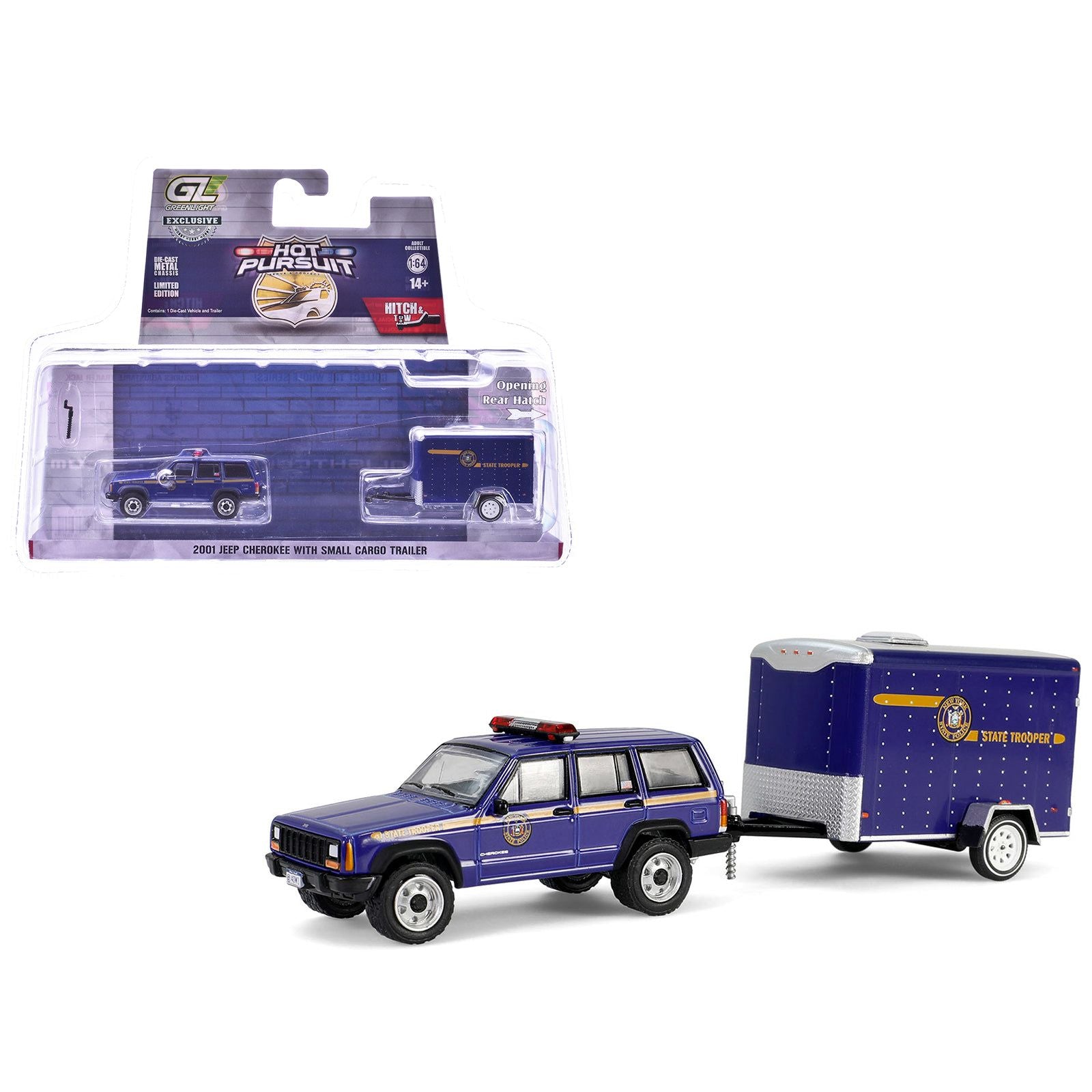 2001 Jeep Cherokee "New York State Police" Blue with Yellow Stripes and Small Cargo Trailer "Hot Pursuit Hitch & Tow" Series 1 1/64 Diecast Model Cars by Greenlight