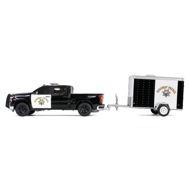 2023 Chevrolet Silverado Pickup Truck "California Highway Patrol" Black and White with Small Cargo Trailer "Hot Pursuit Hitch & Tow" Series 1 1/64 Diecast Model Cars by Greenlight