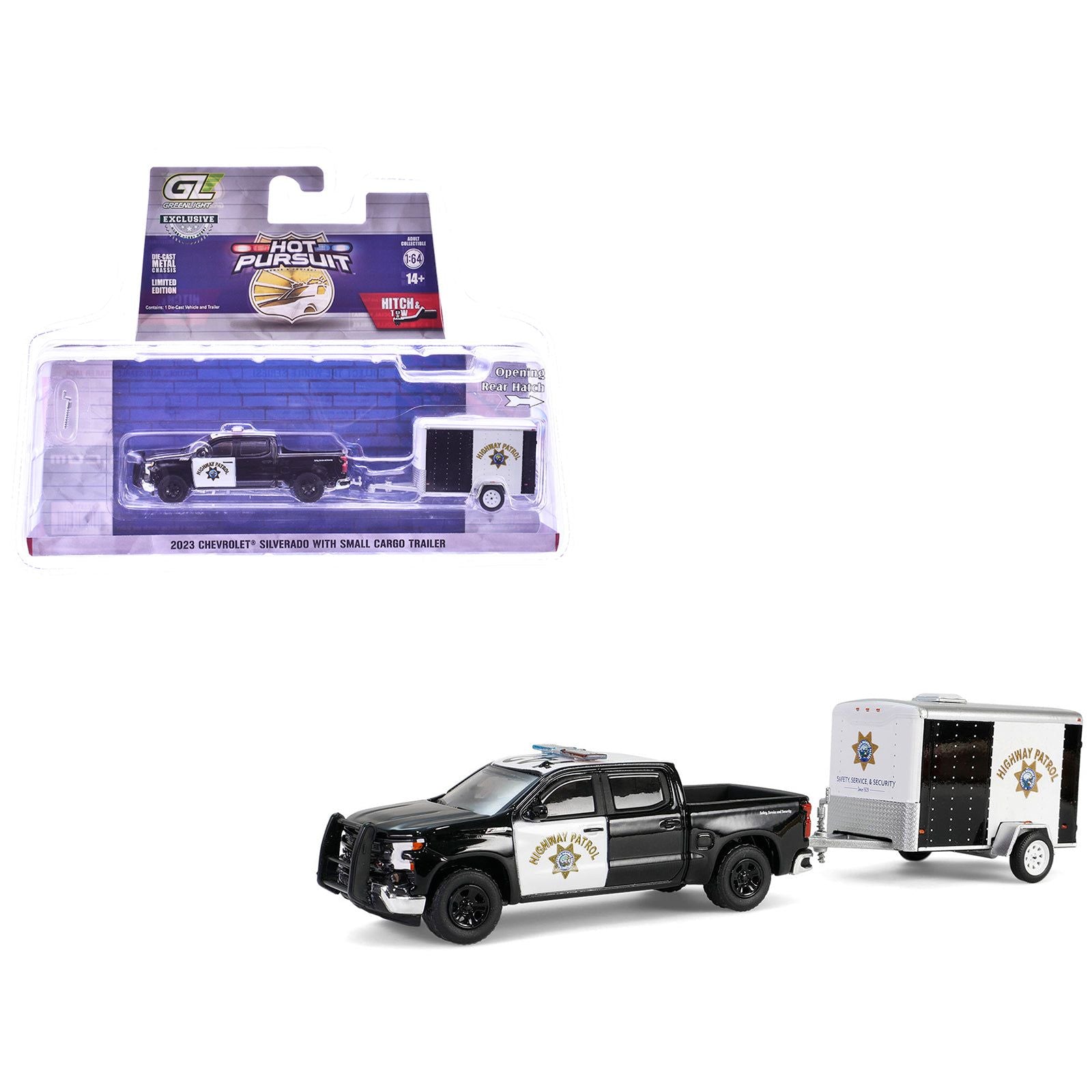 2023 Chevrolet Silverado Pickup Truck "California Highway Patrol" Black and White with Small Cargo Trailer "Hot Pursuit Hitch & Tow" Series 1 1/64 Diecast Model Cars by Greenlight