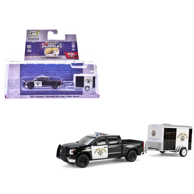 2023 Chevrolet Silverado Pickup Truck "California Highway Patrol" Black and White with Small Cargo Trailer "Hot Pursuit Hitch & Tow" Series 1 1/64 Diecast Model Cars by Greenlight