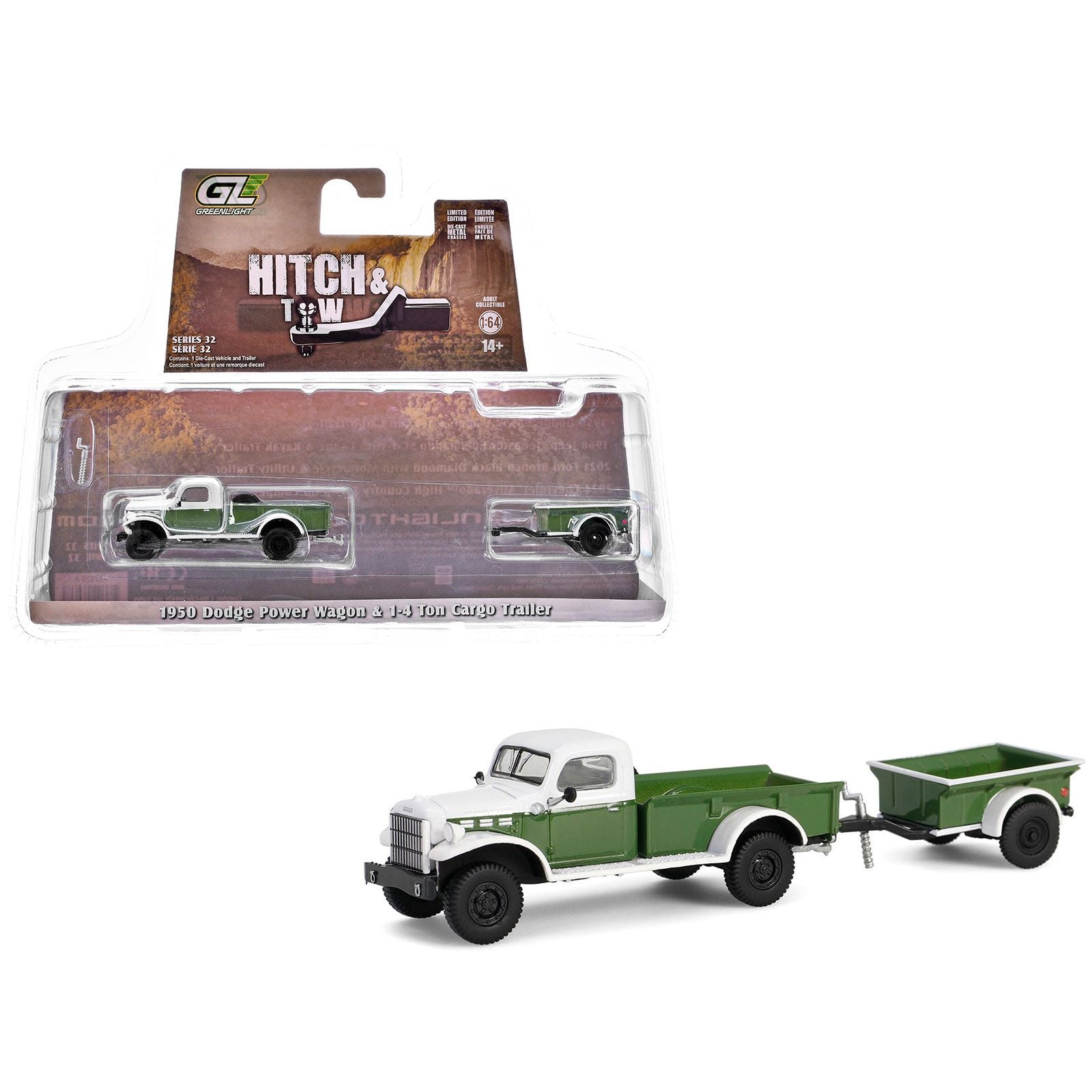 1950 Dodge Power Wagon Pickup Truck Green and White with 1/4 Ton Cargo Trailer Green "Hitch & Tow" Series 32 1/64 Diecast Model Cars by Greenlight