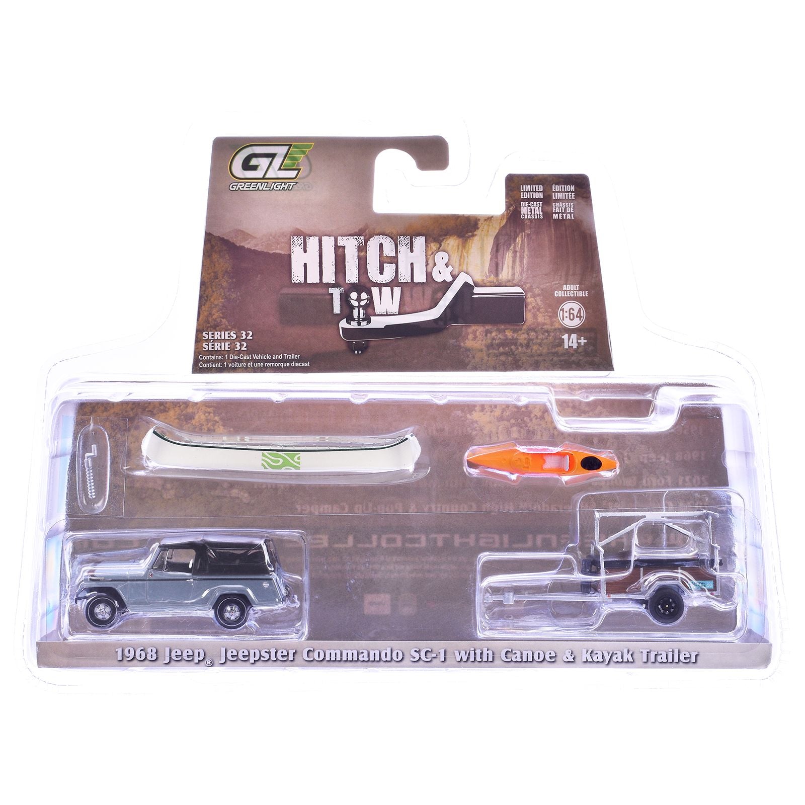 1968 Jeep Jeepster Commando SC-1 Gray with Black Stripes and Top with Canoe Trailer Canoe Rack Canoe and Kayak "Hitch & Tow" Series 32 1/64 Diecast Model Cars by Greenlight
