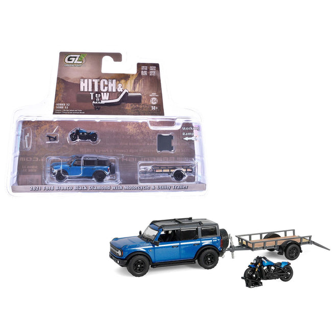2021 Ford Bronco Black Diamond Velocity Blue Metallic with Black Top with Utility Trailer and Motorcycle "Hitch & Tow" Series 32 1/64 Diecast Model Cars by Greenlight