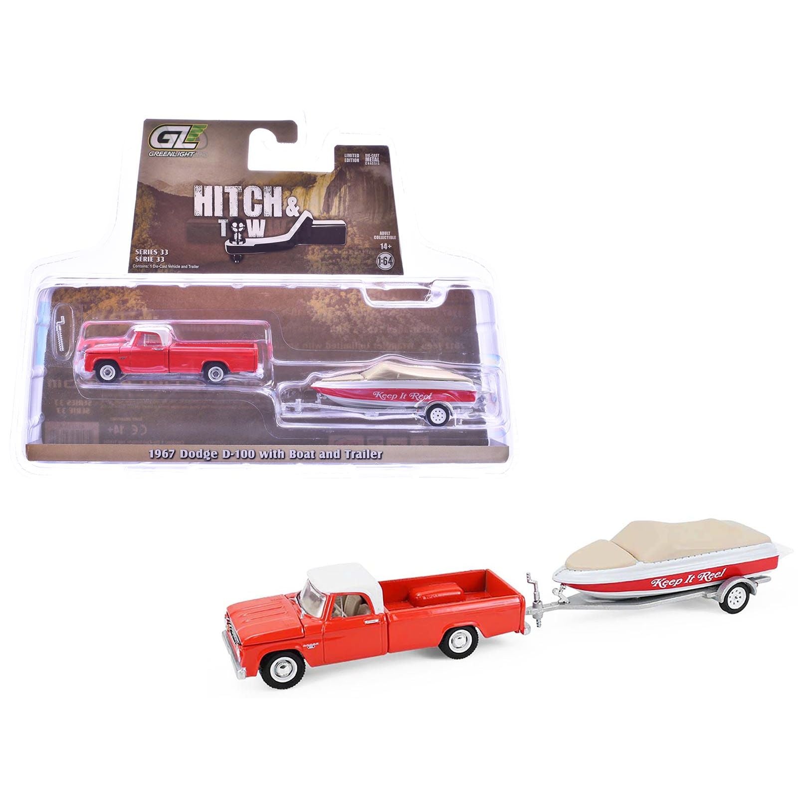 1967 Dodge D-100 Pickup Truck Red with White Top with Boat and Trailer "Hitch & Tow" Series 33 1/64 Diecast Model Cars by Greenlight