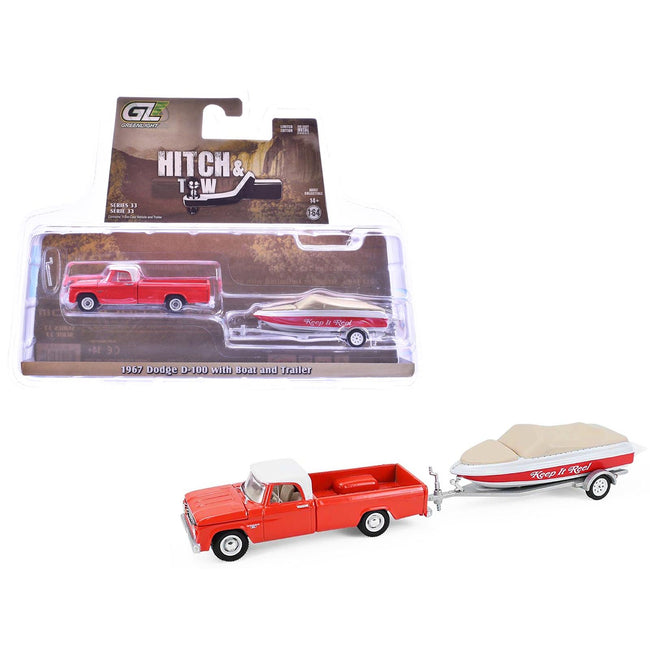 1967 Dodge D-100 Pickup Truck Red with White Top with Boat and Trailer "Hitch & Tow" Series 33 1/64 Diecast Model Cars by Greenlight