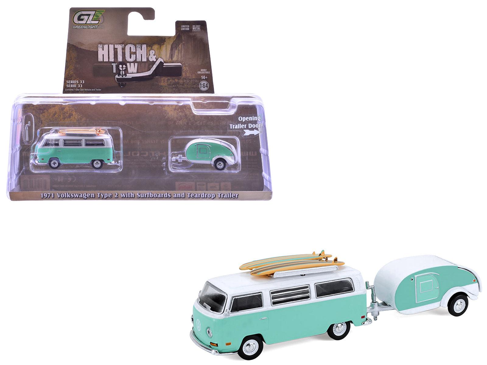 1971 Volkswagen Type 2 Van Seafoam Green and White with Surfboards and Teardrop Trailer "Hitch & Tow" Series 33 1/64 Diecast Model Cars by Greenlight