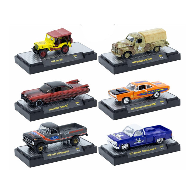 "Auto-Thentics" 6 piece Set Release 102 IN DISPLAY CASES Limited Edition 1/64 Diecast Model Cars by M2 Machines