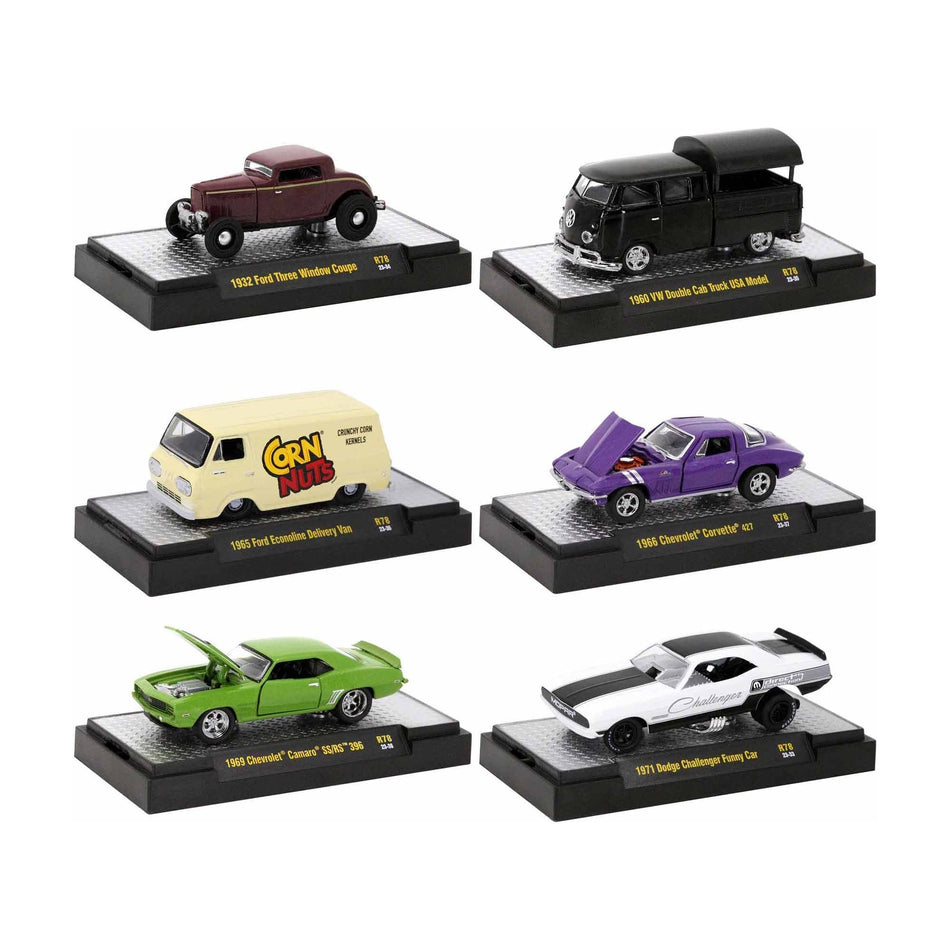 "Auto-Thentics" 6 piece Set Release 78 IN DISPLAY CASES Limited Edition 1/64 Diecast Model Cars by M2 Machines