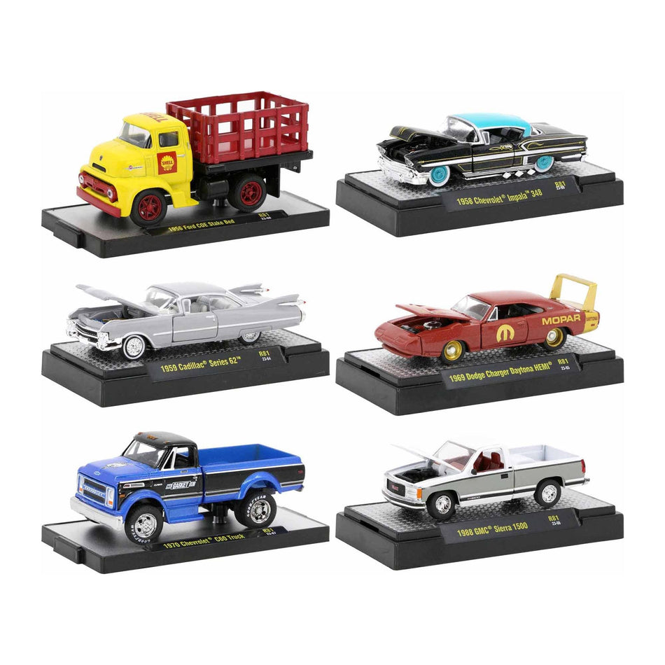 "Auto-Thentics" 6 piece Set Release 81 IN DISPLAY CASES Limited Edition 1/64 Diecast Model Cars by M2 Machines