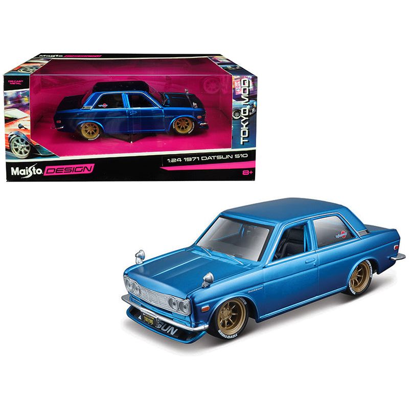 1971 Datsun 510 Matt Candy Blue with Gold Wheels "Tokyo Mod" Maisto Design 1/24 Diecast Model Car by Maisto