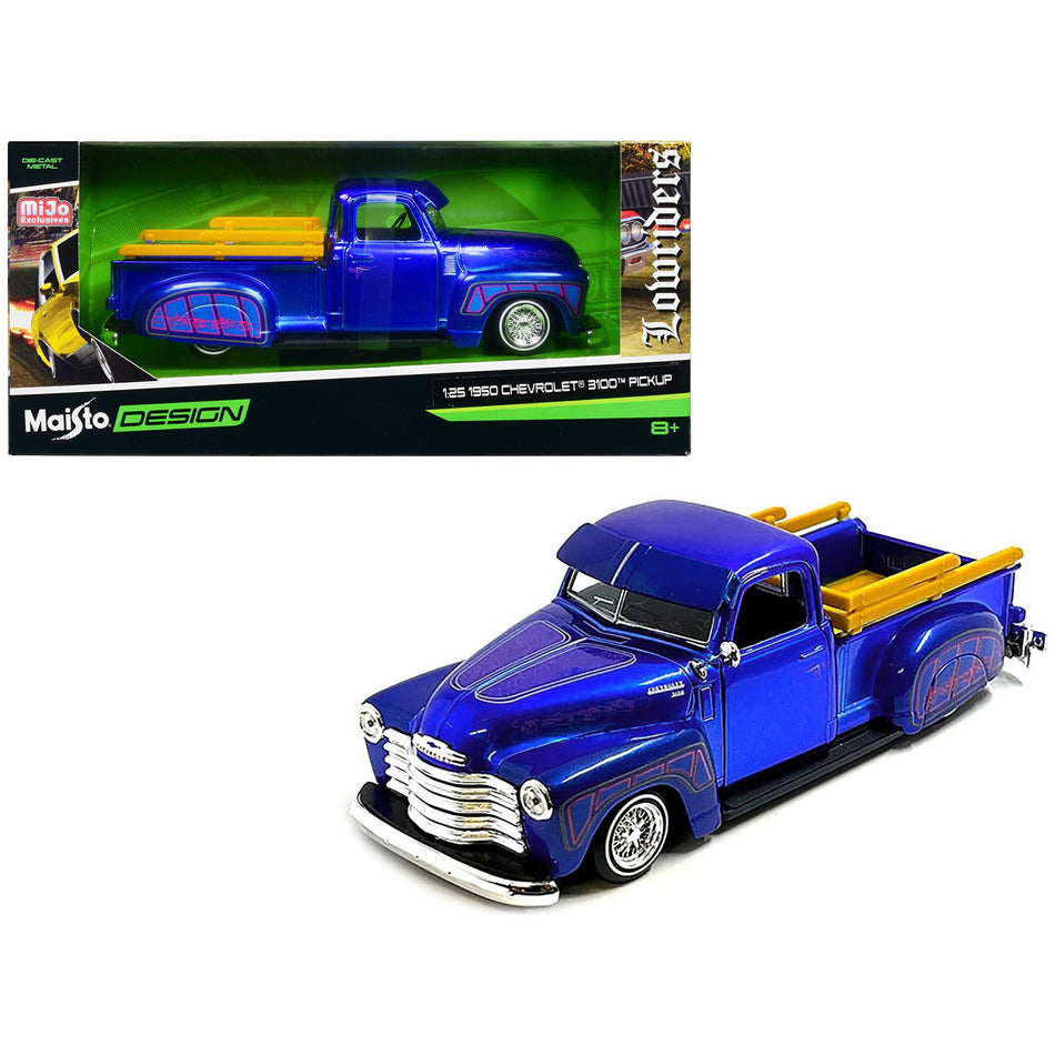 1950 Chevrolet 3100 Pickup Truck Lowrider Candy Blue with Graphics "Lowriders" Series 1/25 Diecast Model Car by Maisto