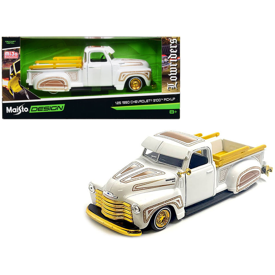 1950 Chevrolet 3100 Pickup Truck Lowrider White with Graphics and Gold Wheels "Lowriders" Series 1/25 Diecast Model Car by Maisto