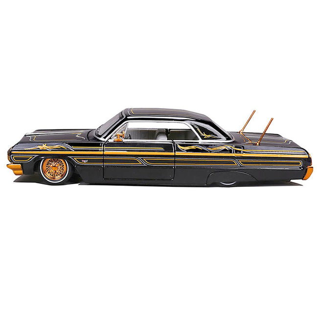 1964 Chevrolet Impala SS Lowrider Black Metallic with Gold Graphics and Gray Interior "Lowriders" "Maisto Design" Series 1/26 Diecast Model Car by Maisto