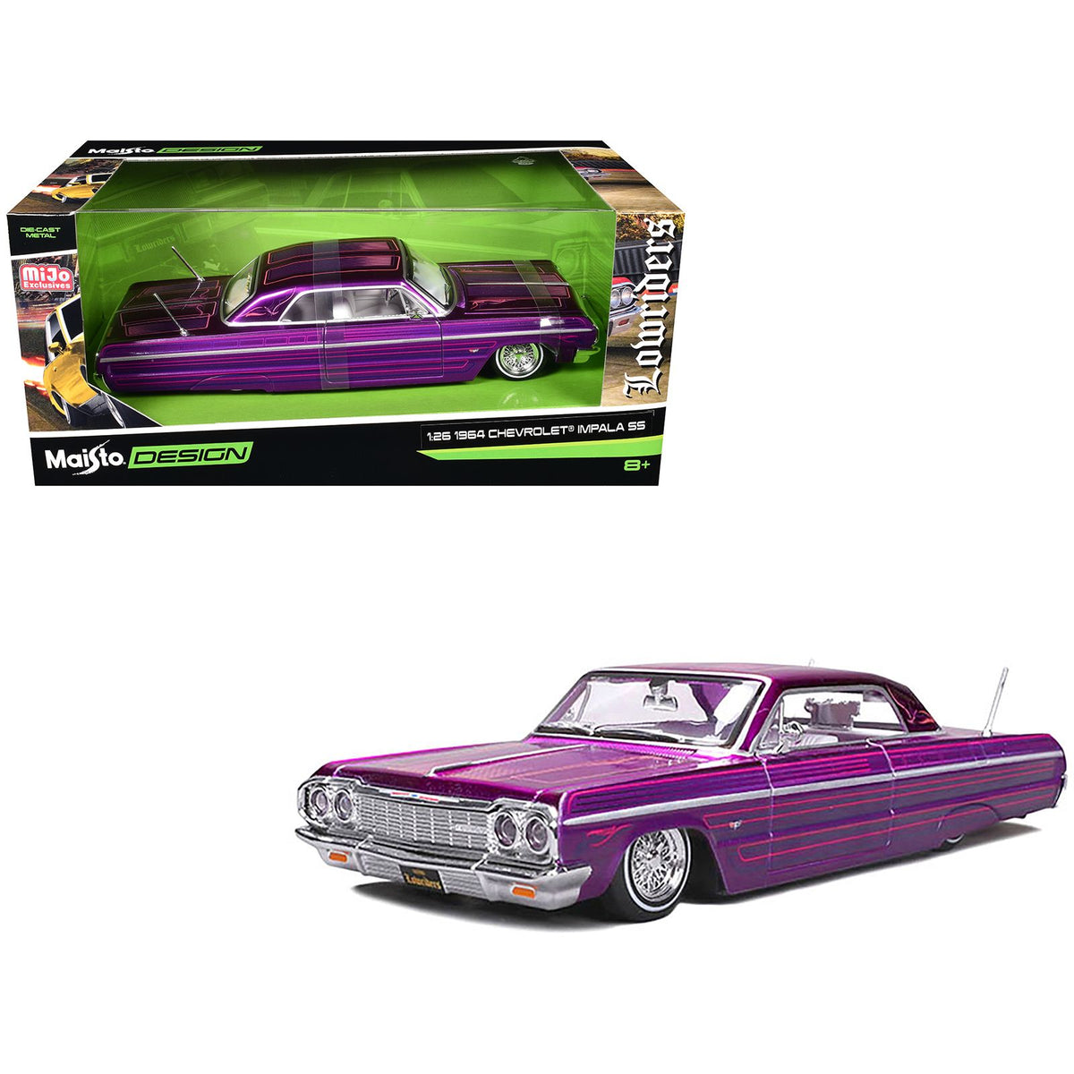 1964 Chevrolet Impala SS Lowrider Candy Purple with Graphics and White Interior "Lowriders" "Maisto Design" Series 1/26 Diecast Model Car by Maisto