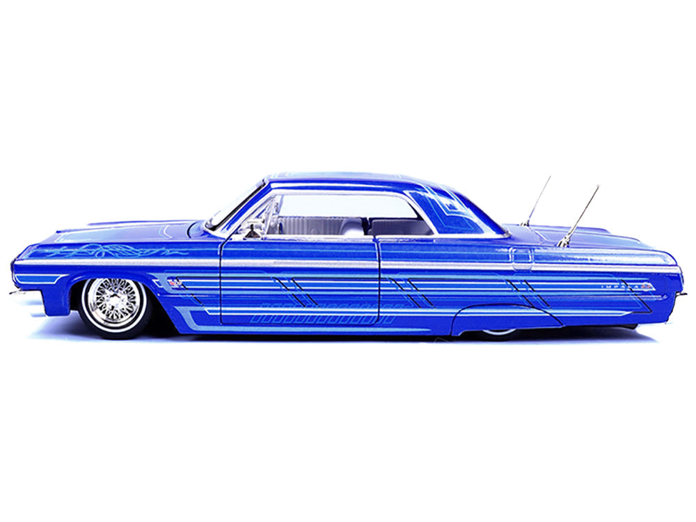 1964 Chevrolet Impala SS Lowrider Candy Blue with Graphics and White Interior "Lowriders" "Maisto Design" Series 1/26 Diecast Model Car by Maisto