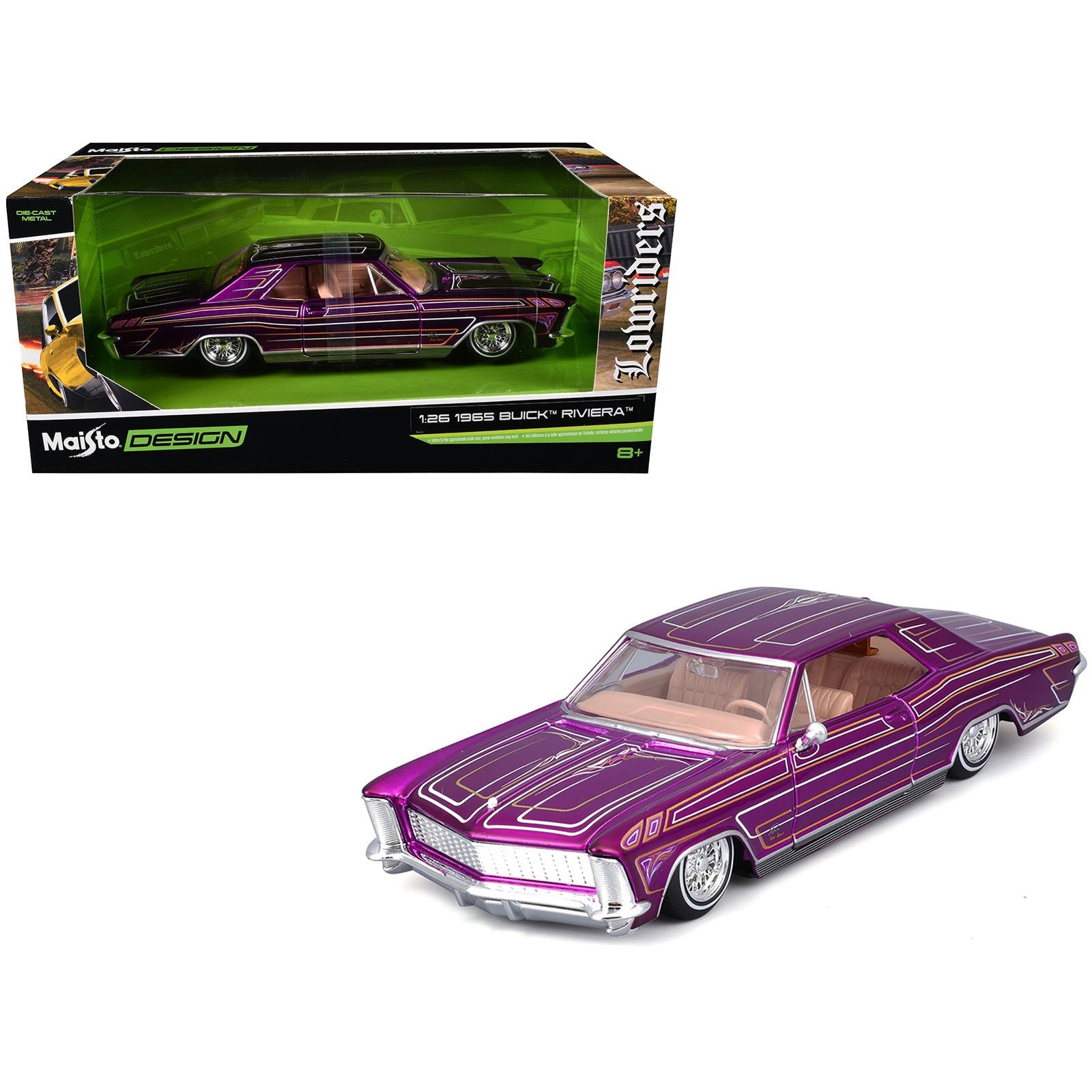 1965 Buick Riviera Lowrider Purple Metallic with Graphics "Lowriders" Series 1/26 Diecast Model Car by Maisto