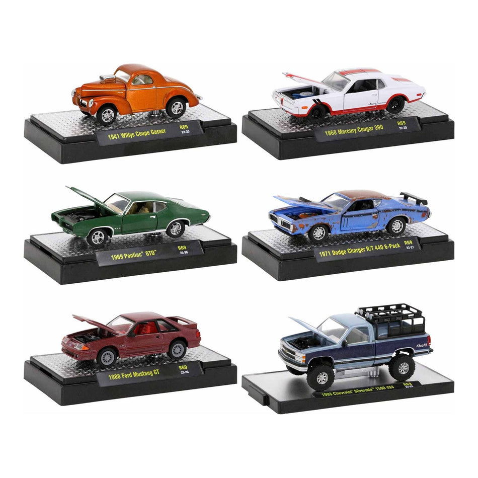 "Auto Meets" Set of 6 Cars IN DISPLAY CASES Release 69 Limited Edition 1/64 Diecast Model Cars by M2 Machines