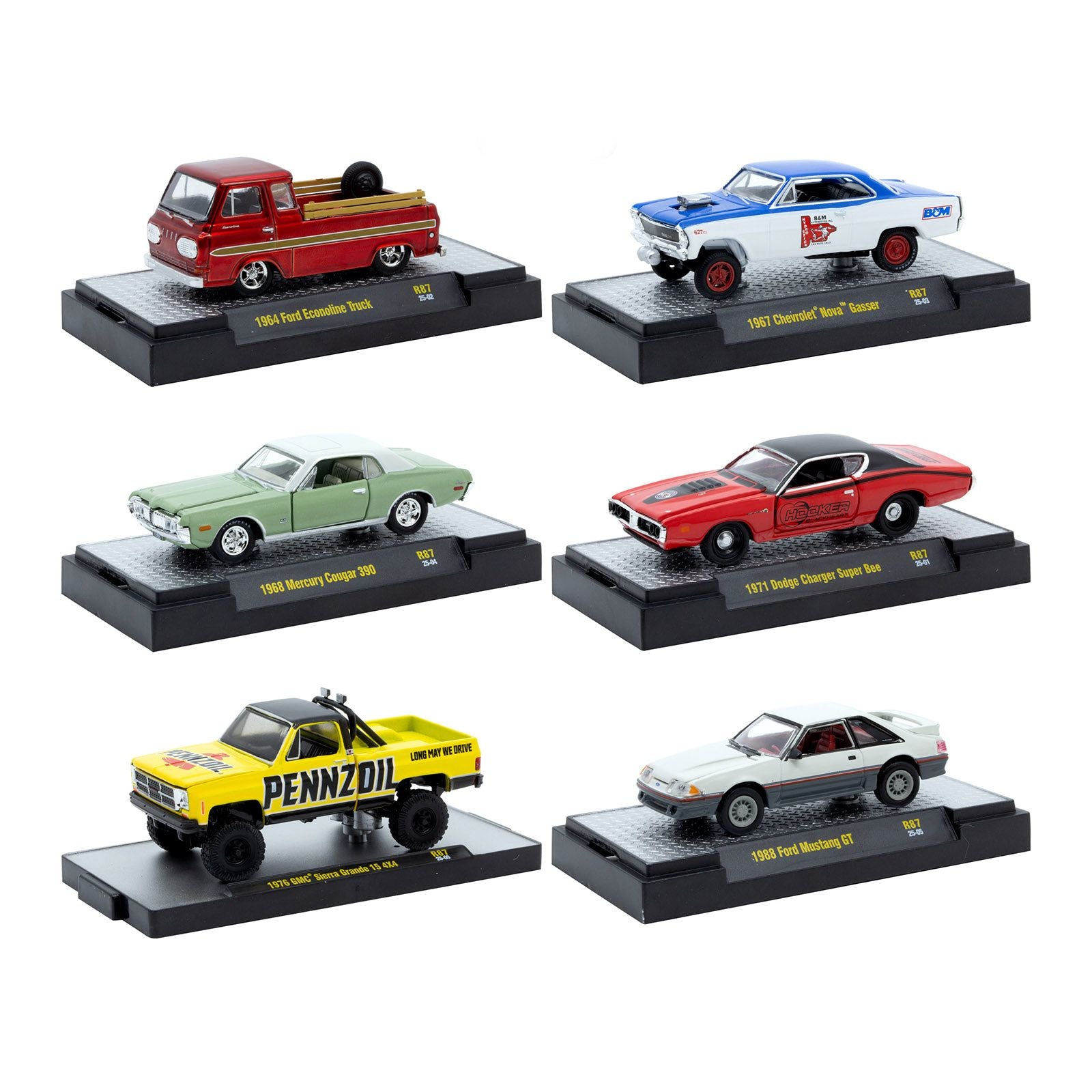 "Auto Meets" Set of 6 Cars IN DISPLAY CASES Release 87 Limited Edition 1/64 Diecast Model Cars by M2 Machines