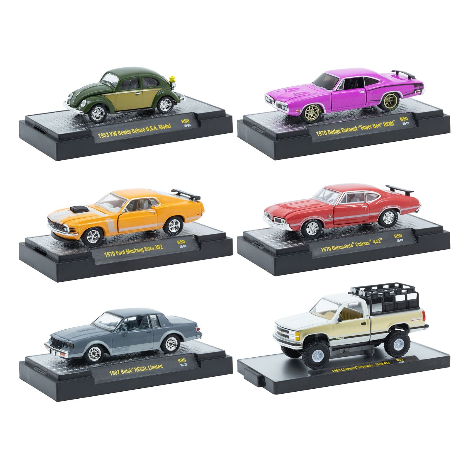 "Auto Meets" Set of 6 Cars IN DISPLAY CASES Release 90 Limited Edition 1/64 Diecast Model Cars by M2 Machines