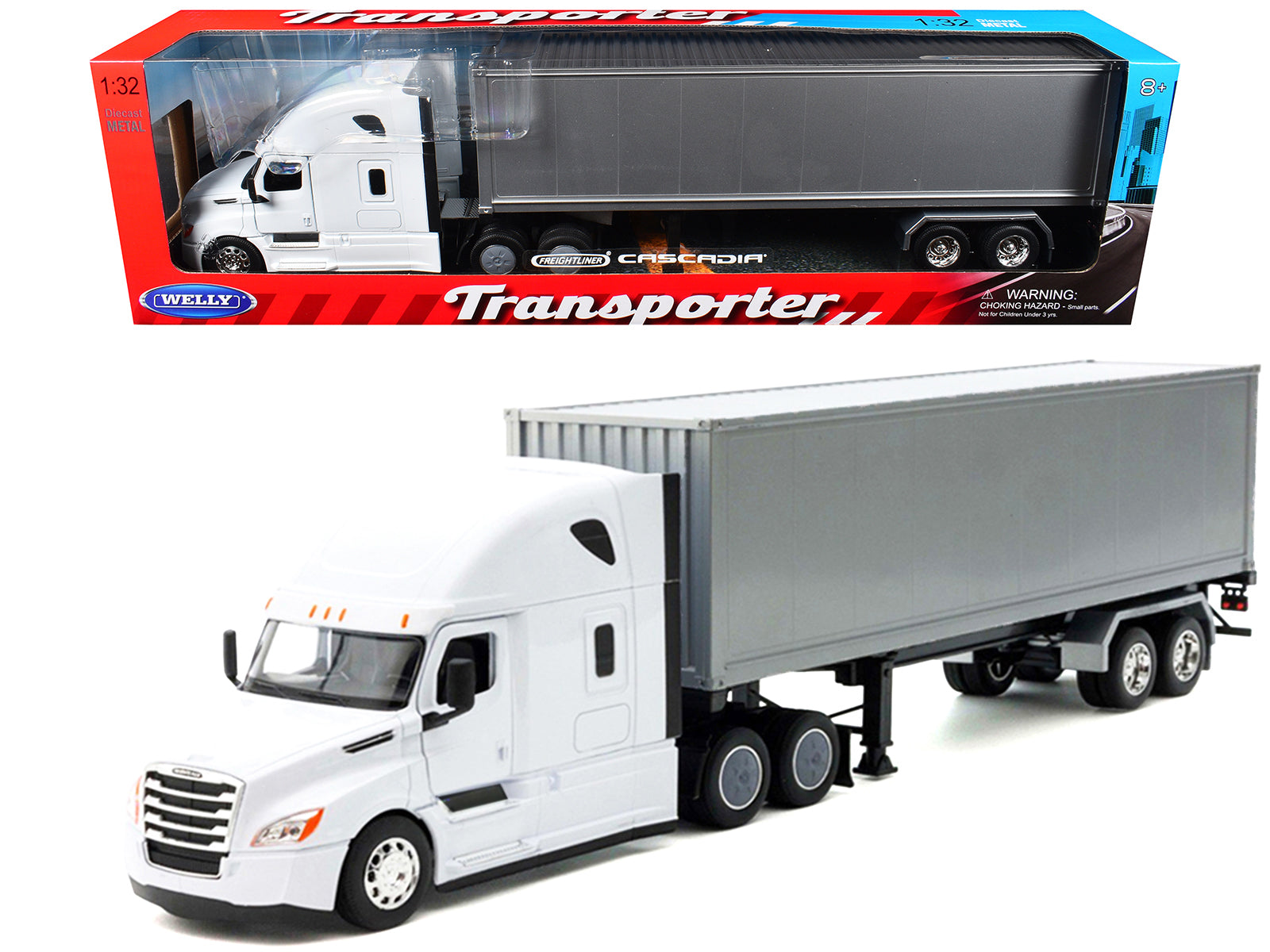 Freightliner Cascadia Truck White with Gray Container "Transporter" Series 1/32 Diecast Model by Welly