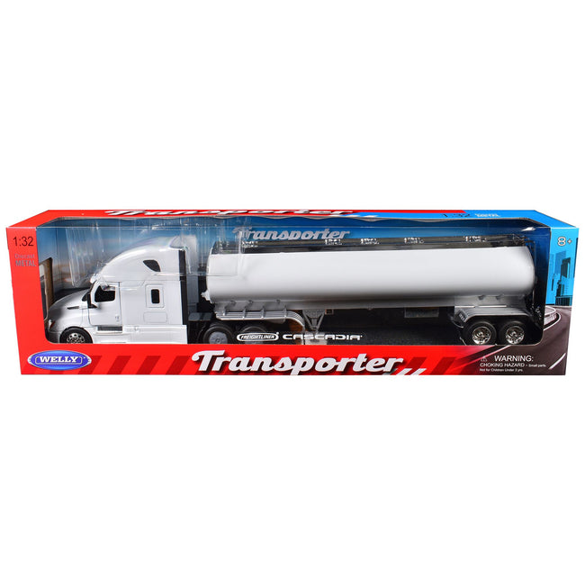 Freightliner Cascadia Truck White with White Tanker Trailer "Transporter" Series 1/32 Diecast Model by Welly