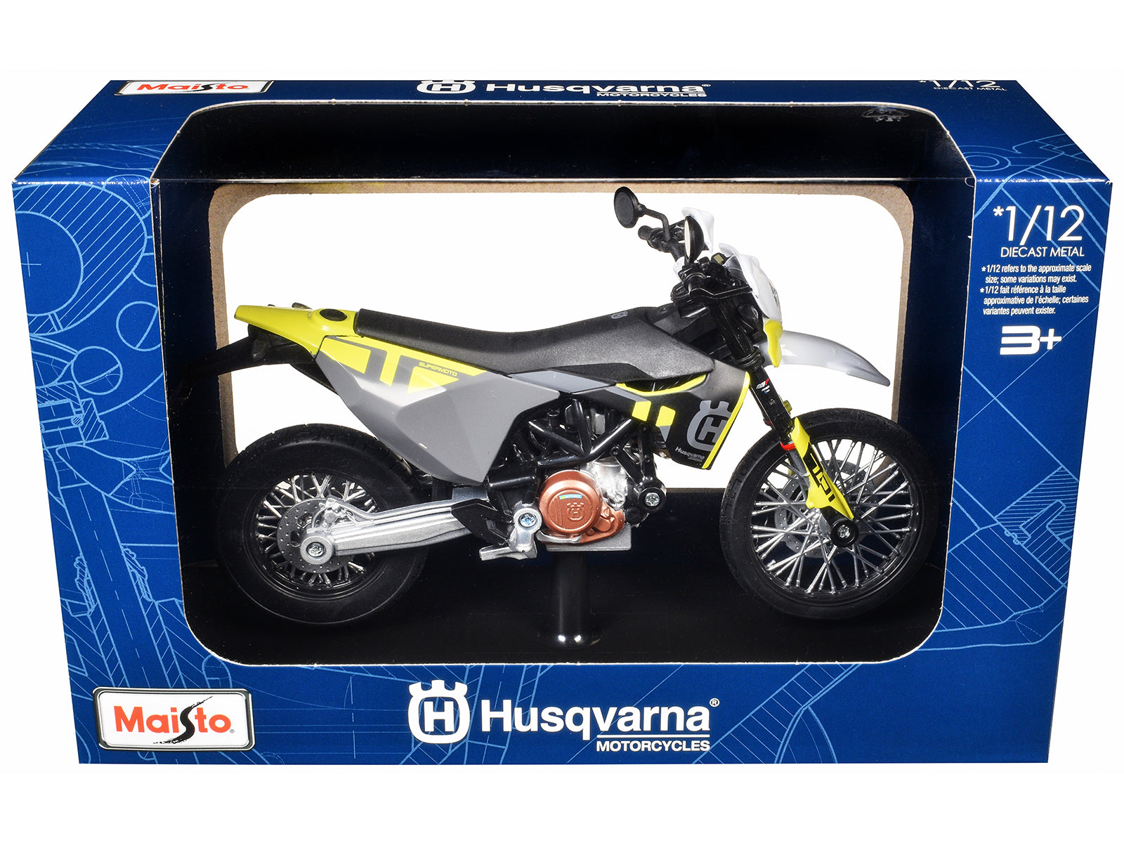 2023 Husqvarna 701 Supermoto Motorcycle Matt Black and Gray with Yellow and White Accents with Display Base 1/12 Diecast Model by Maisto