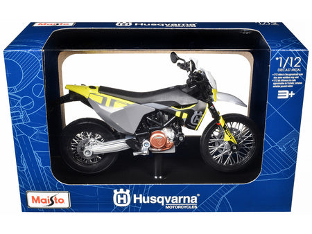 2023 Husqvarna 701 Supermoto Motorcycle Matt Black and Gray with Yellow and White Accents with Display Base 1/12 Diecast Model by Maisto