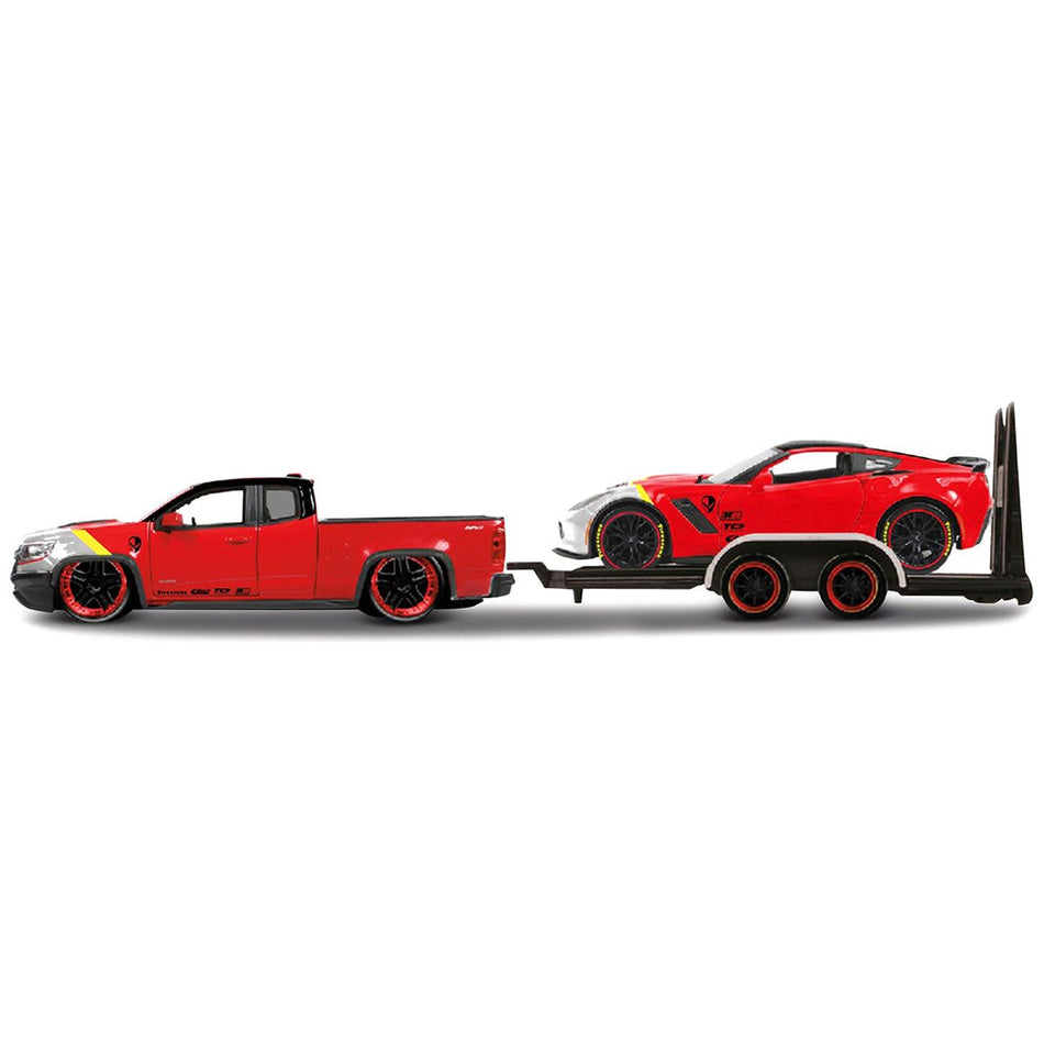 2017 Chevrolet Colorado ZR2 Pickup Truck Red and 2015 Chevrolet Corvette Z06 Red with Flatbed Trailer Set of 3 pieces "Elite Transport" Series 1/24 Diecast Model Cars by Maisto