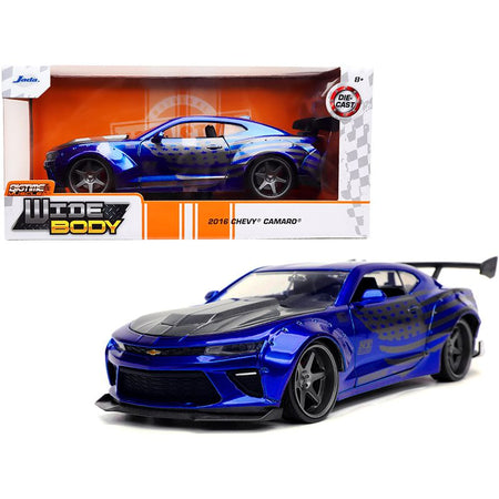 2016 Chevrolet Camaro Widebody Candy Blue with Gray Metallic Hood and American Flag Graphics "Bigtime Muscle" Series 1/24 Diecast Model Car by Jada