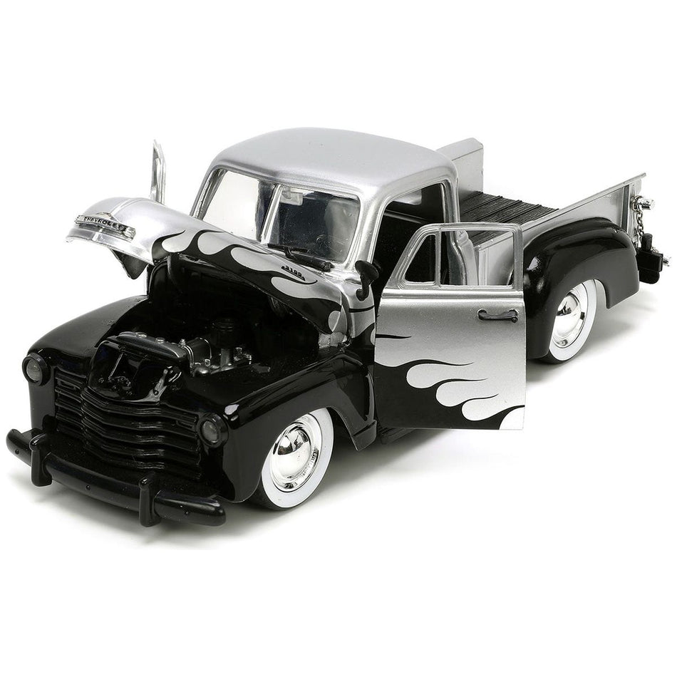 1953 Chevrolet 3100 Pickup Truck Silver Metallic with Black Flames with Extra Wheels "Just Trucks" Series 1/24 Diecast Model Car by Jada