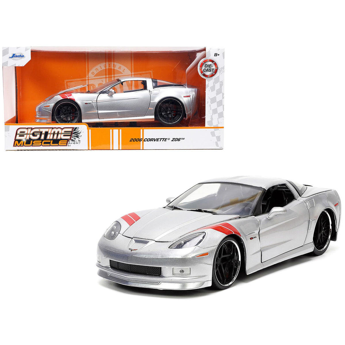 2006 Chevrolet Corvette Z06 Silver Metallic with Red Stripes "Bigtime Muscle" Series 1/24 Diecast Model Car by Jada