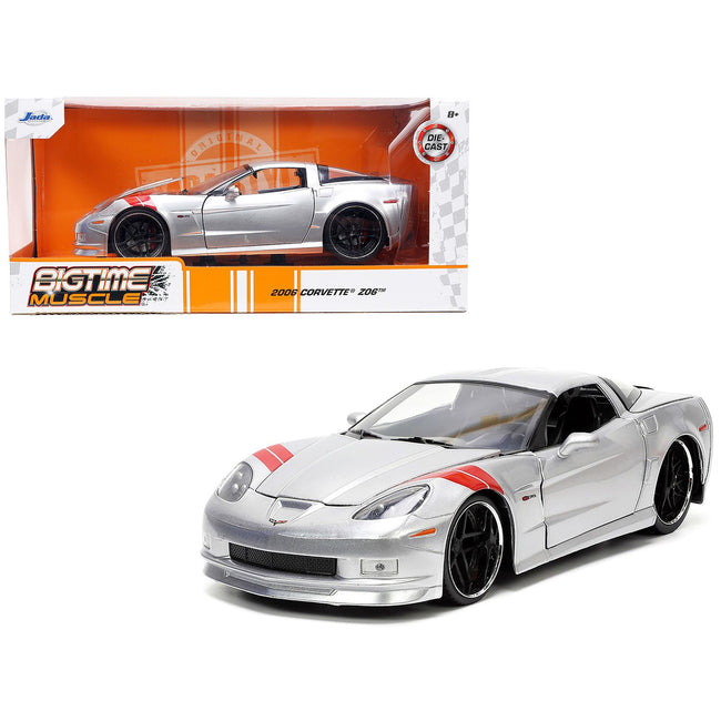 2006 Chevrolet Corvette Z06 Silver Metallic with Red Stripes "Bigtime Muscle" Series 1/24 Diecast Model Car by Jada