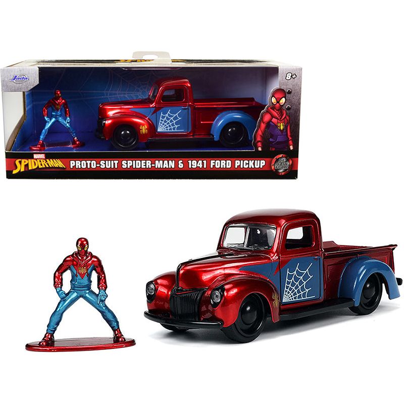 1941 Ford Pickup Truck Candy Red and Blue and Proto-Suit Spider-Man Diecast Figurine "Marvel" Series "Hollywood Rides" Series 1/32 Diecast Model Car by Jada