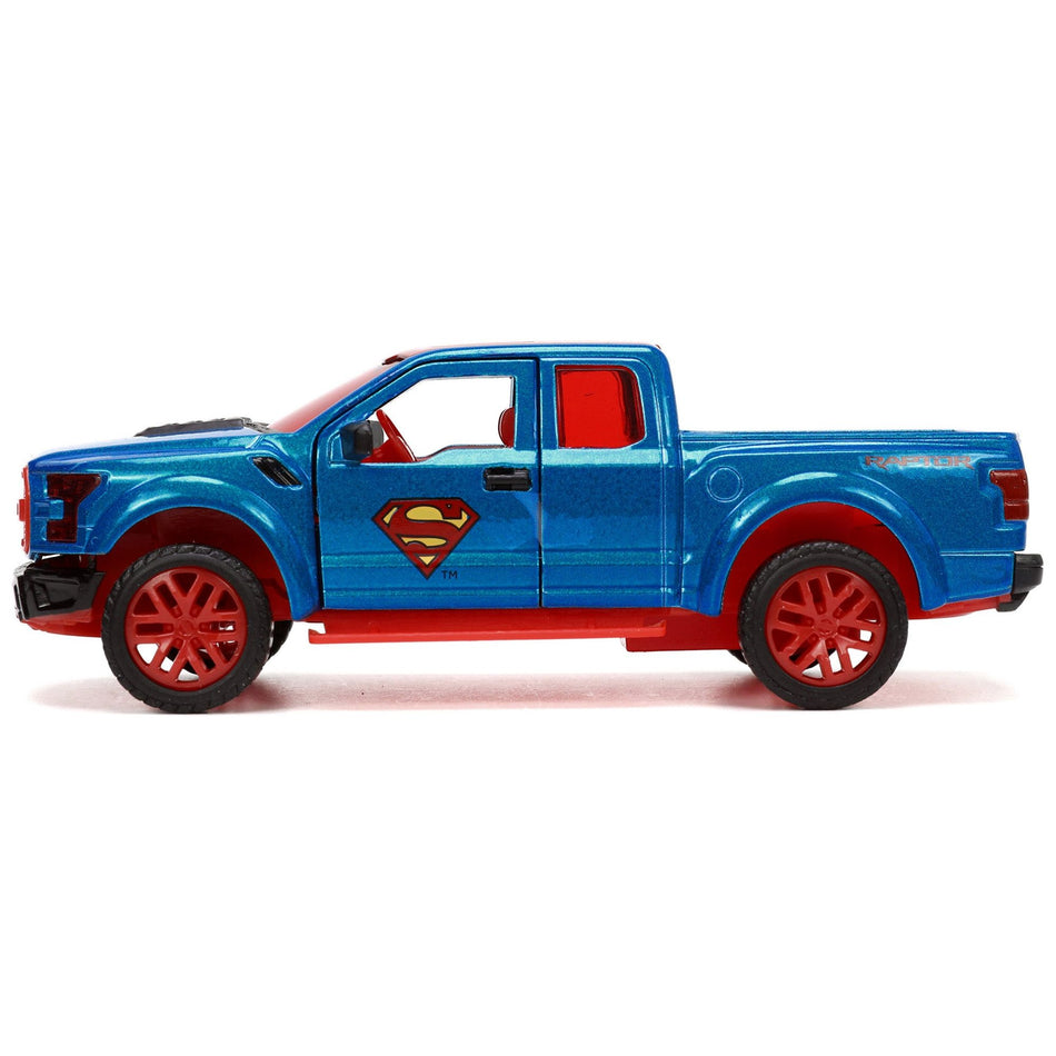 2017 Ford F-150 Raptor Pickup Truck Blue Metallic and Red with Red Interior and Superman Diecast Figure "DC's Superman" "Hollywood Rides" Series 1/32 Diecast Model Car by Jada