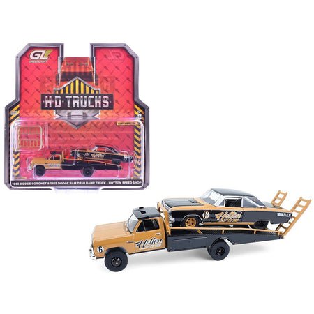 1985 Dodge Ram D350 Ramp Truck and 1965 Dodge Coronet "Hotton Speed Shop" Brown and Black "H.D. Trucks" Series 26 1/64 Diecast Model Cars by Greenlight