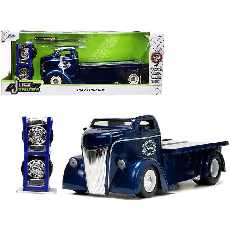 1947 Ford COE Flatbed Truck Dark Blue Metallic with White Top "The Famous Motor Cars" with Extra Wheels "Just Trucks" Series 1/24 Diecast Model by Jada