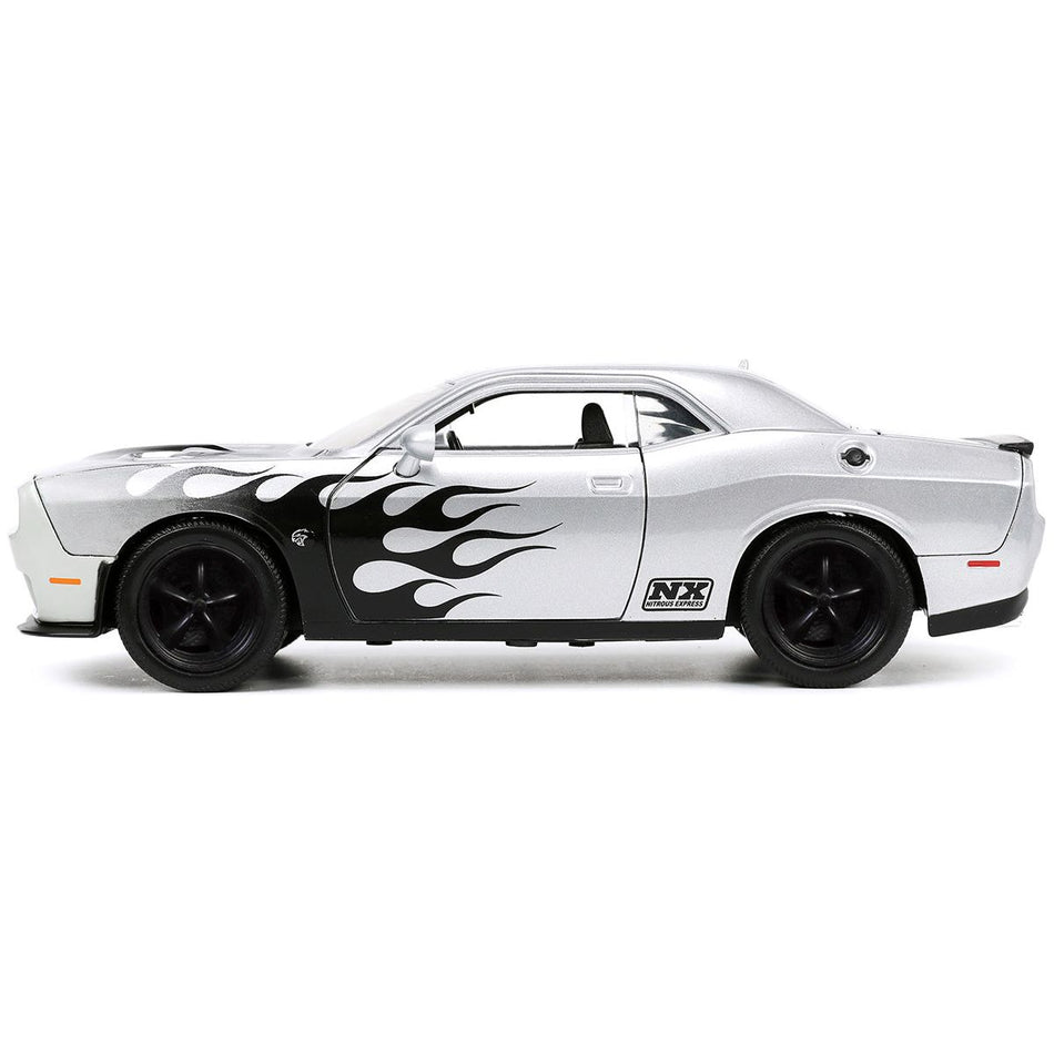 2015 Dodge Challenger SRT Hellcat Silver Metallic with Flames "Nitrous Express" "Bigtime Muscle" Series 1/24 Diecast Model Car by Jada