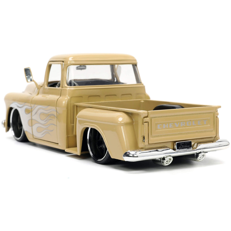 1955 Chevrolet Stepside Pickup Truck Tan with White and Silver Flames with Extra Wheels "Just Trucks" Series 1/24 Diecast Model Car by Jada