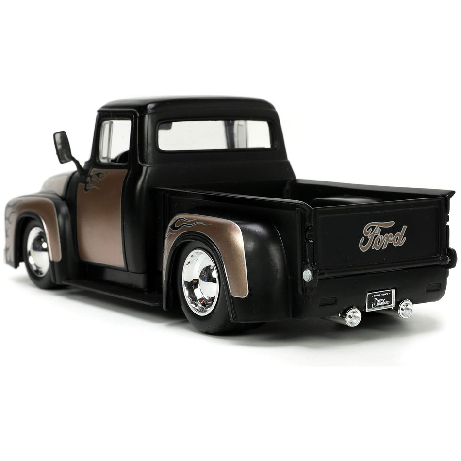 1956 Ford F-100 Pickup Truck Matt Black and Champagne with Flames with Extra Wheels "Just Trucks" Series 1/24 Diecast Model Car by Jada