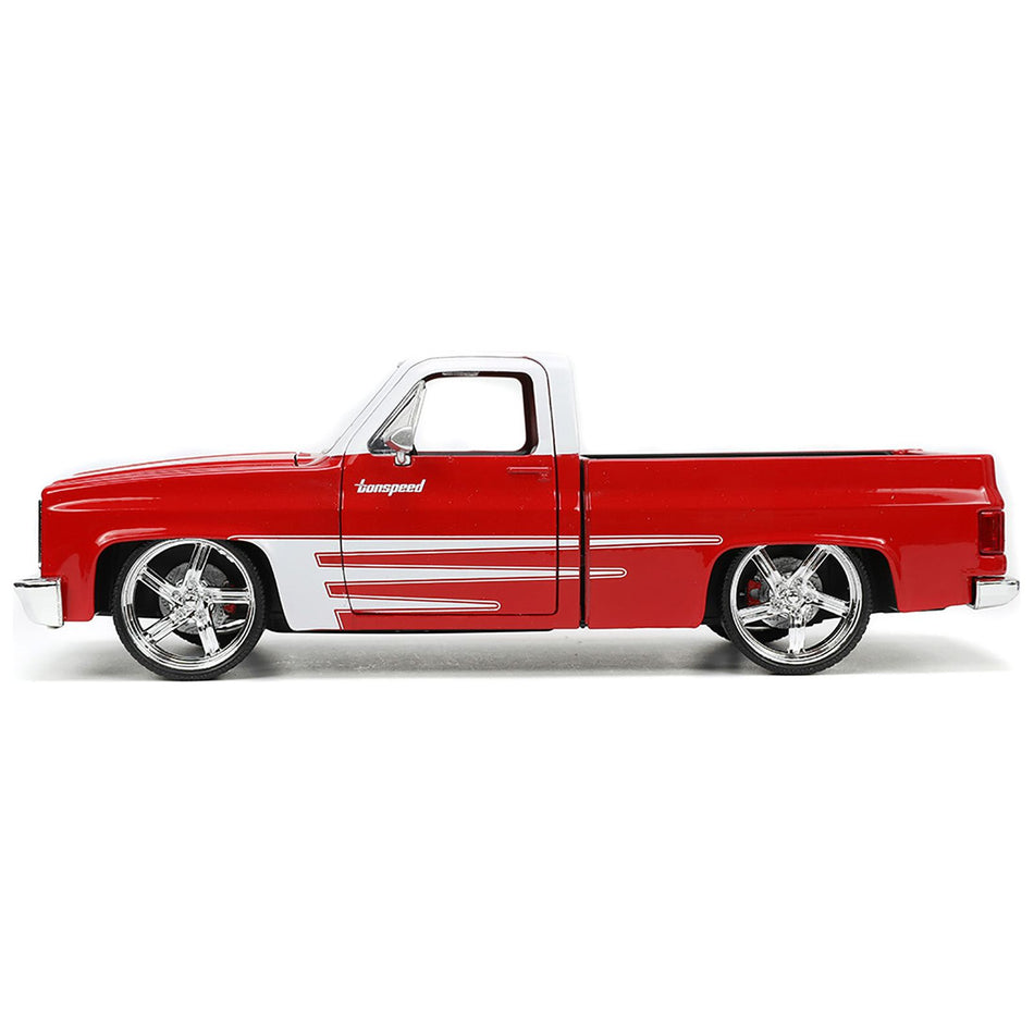 1985 Chevrolet C-10 Pickup Truck Red with White Top and Graphics with Extra Wheels "Just Trucks" Series 1/24 Diecast Model Car by Jada